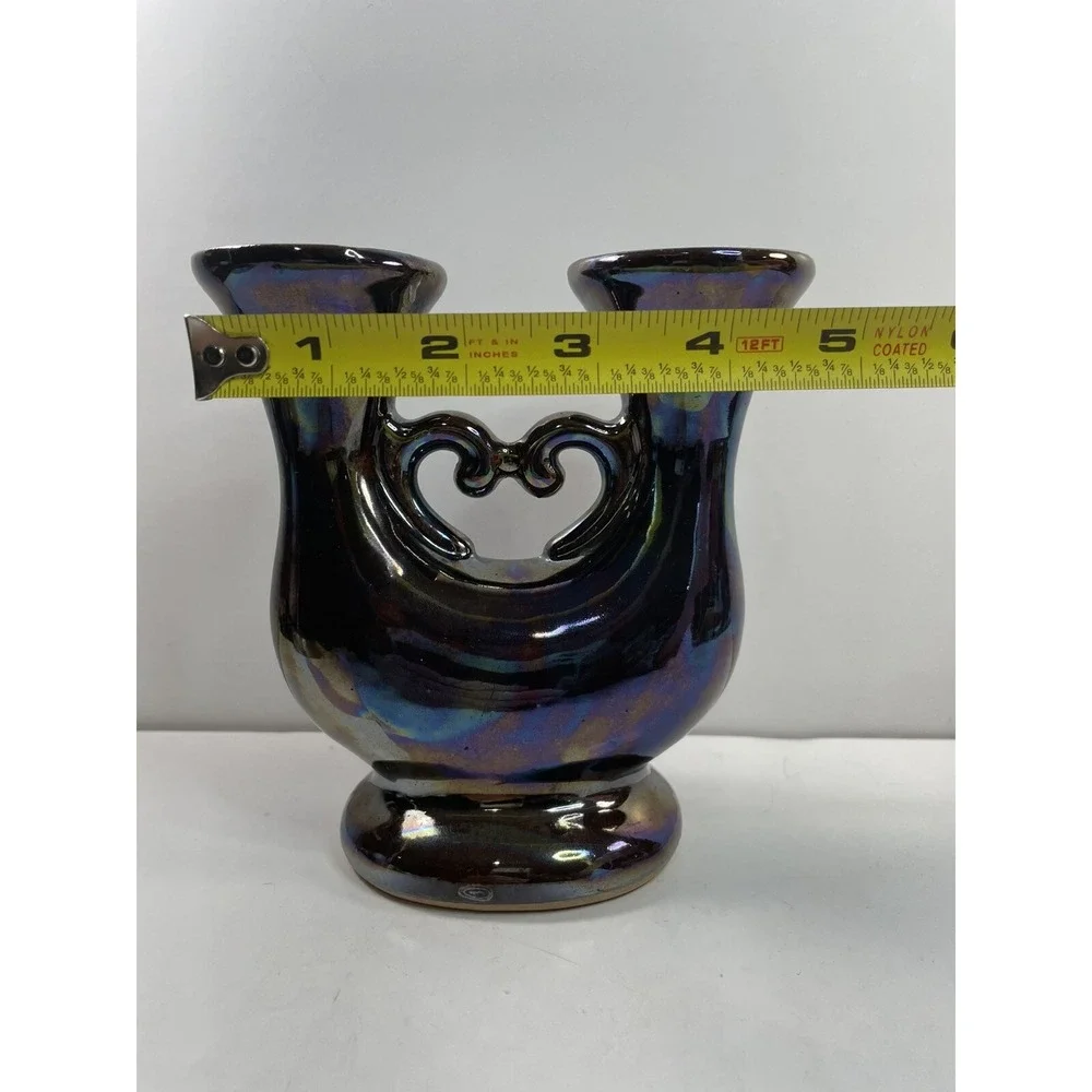 Vintage Double Iridescent Faience Candle Holder 1970s Made In Poland